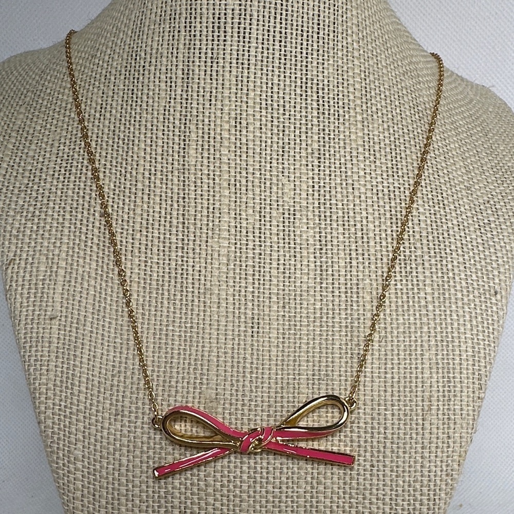Kate Spade Gold Necklace with Pink Enamel Bow – 28” with 2” Extender